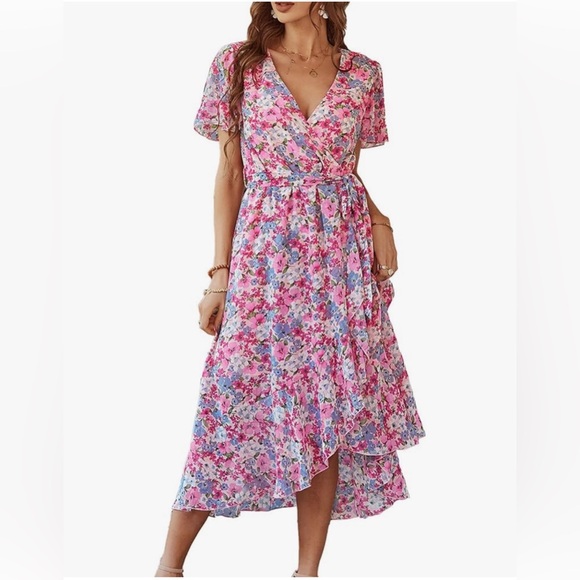 PrettyGarden Floral faux Wrap Midi Dress Pink/Blue V-Neck Tie Waist size large - Picture 1 of 5